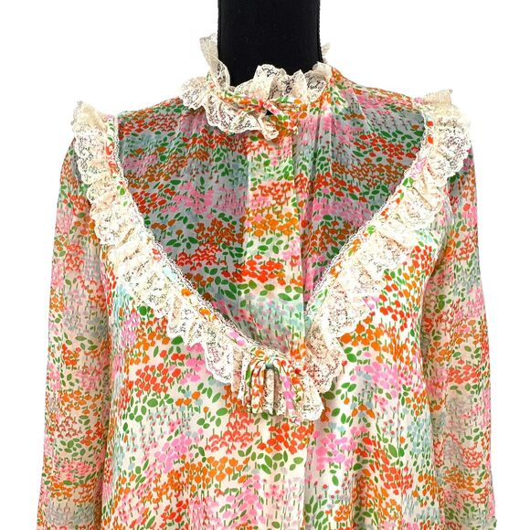 Vintage Saks Fifth Avenue 70's Tulip Print‎ Chiffon Lace Robe - Picture 5 of 11